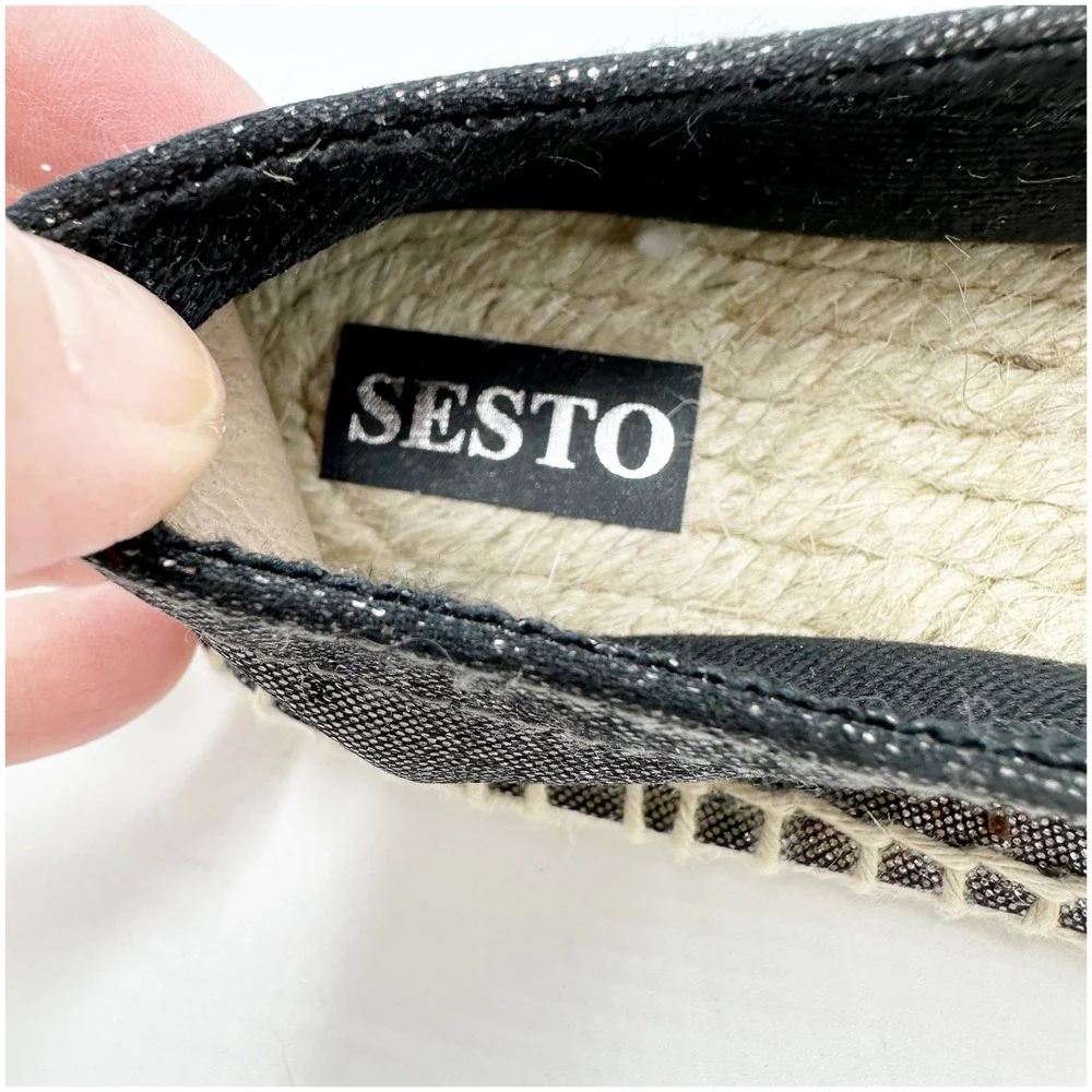 SESTO MulEmbellished Espadrille Flats Metallic‎ Black Rhinestone Slip On Shoe